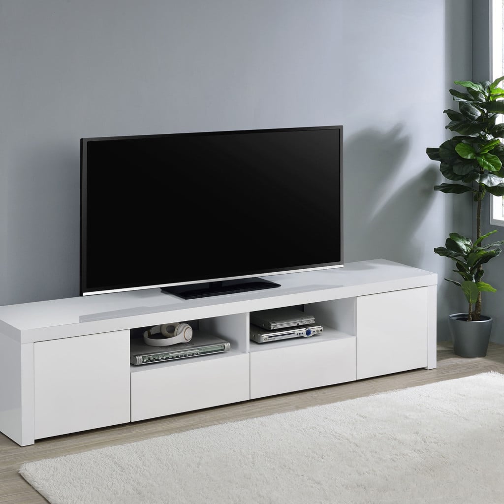 Jude 79-inch TV stand in high gloss white engineered wood, straight front view