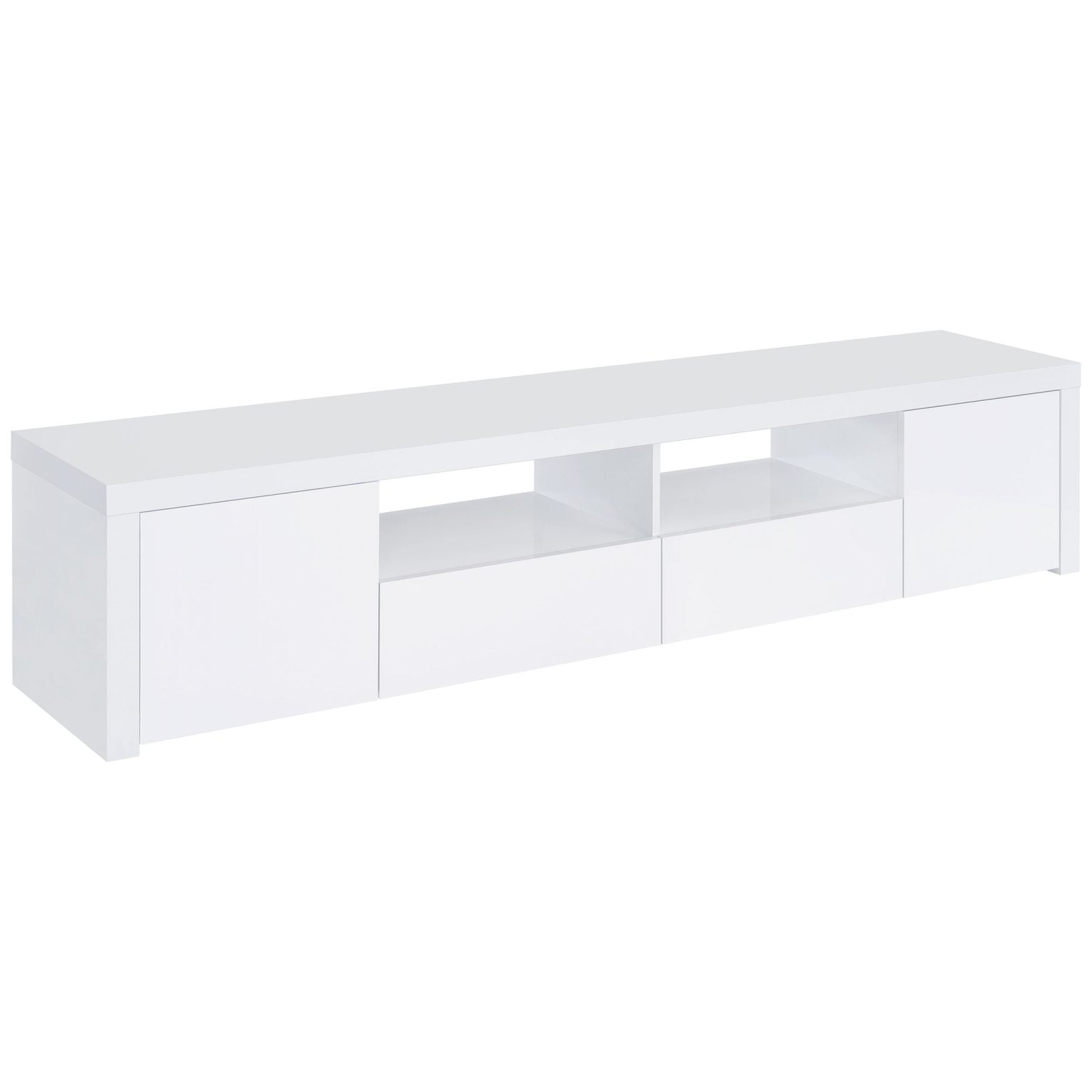 Jude 79-inch TV stand in high gloss white engineered wood, three-quarter angle view