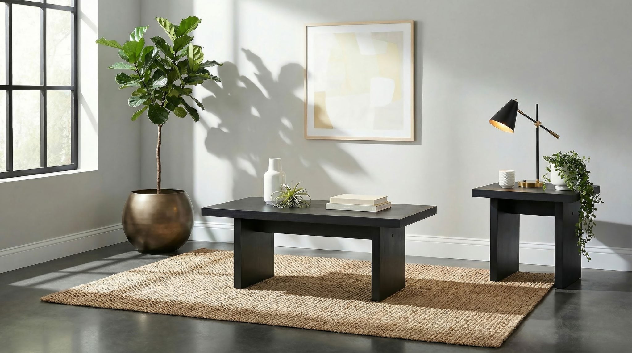 Decker 2-piece coffee and end table set in black wood, two-piece set arrangement