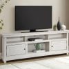 Payne farmhouse TV stand in distressed white wood, straight front view
