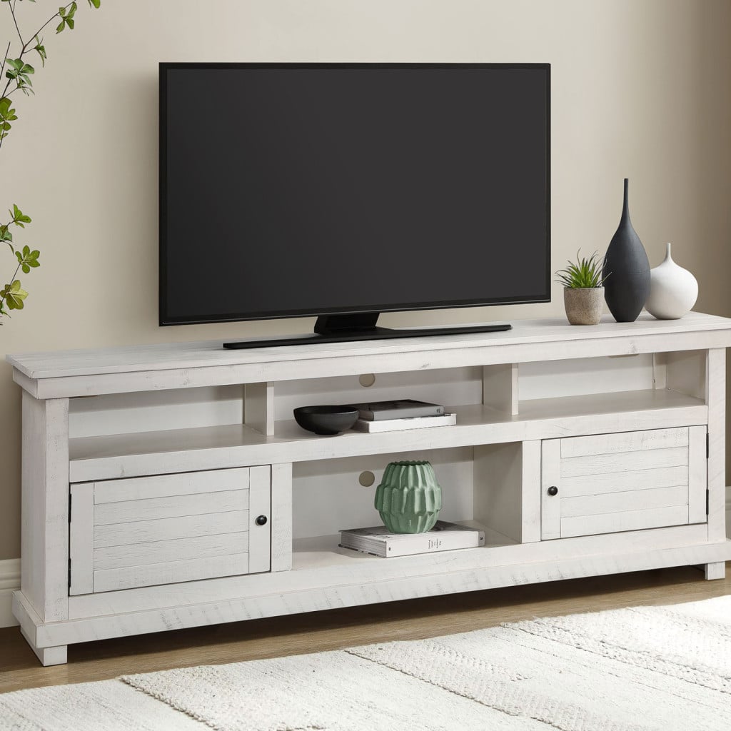 Payne farmhouse TV stand in distressed white wood, straight front view