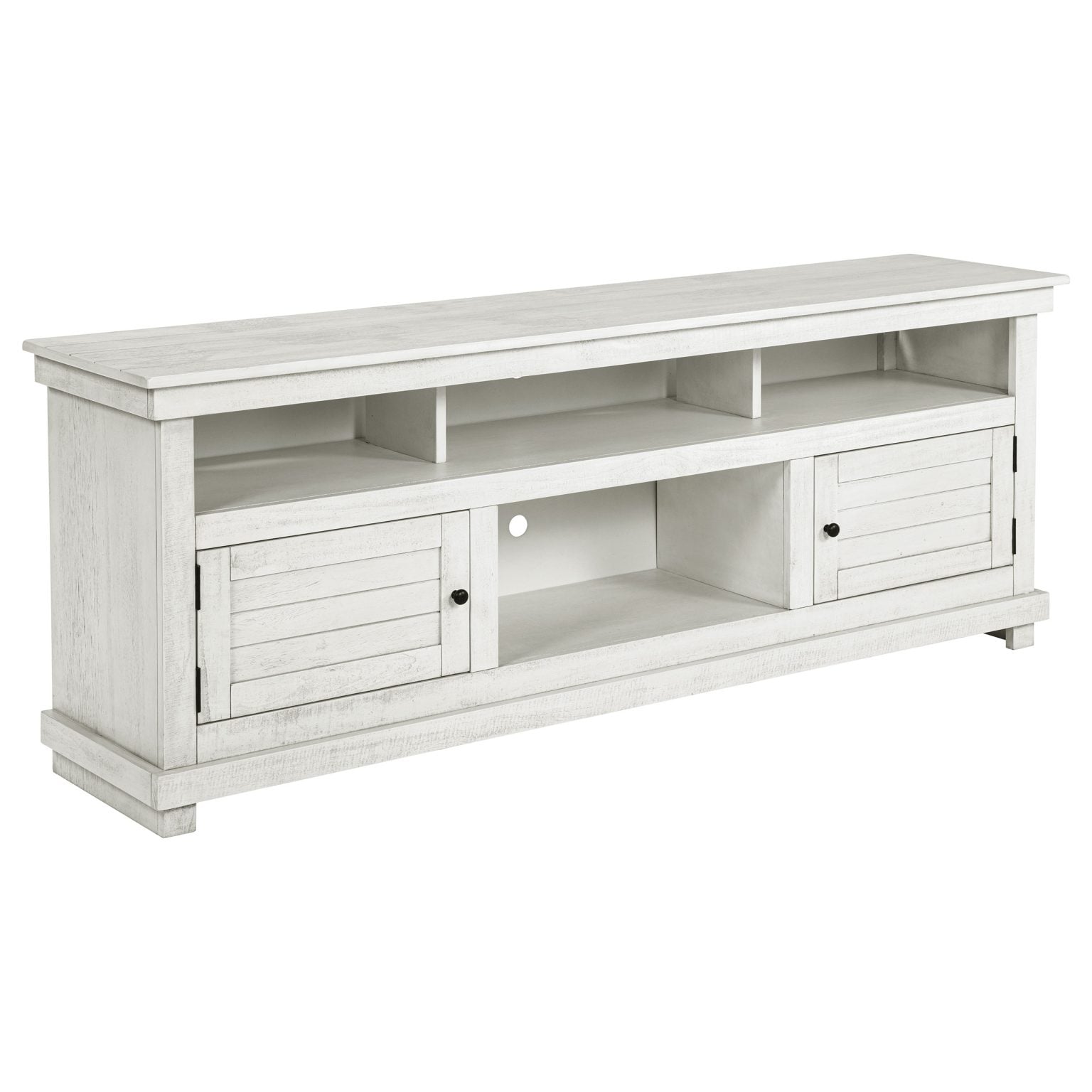 Payne farmhouse TV stand in distressed white wood, three-quarter angle view