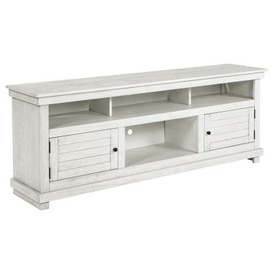 Payne farmhouse TV stand in distressed white wood, three-quarter angle view