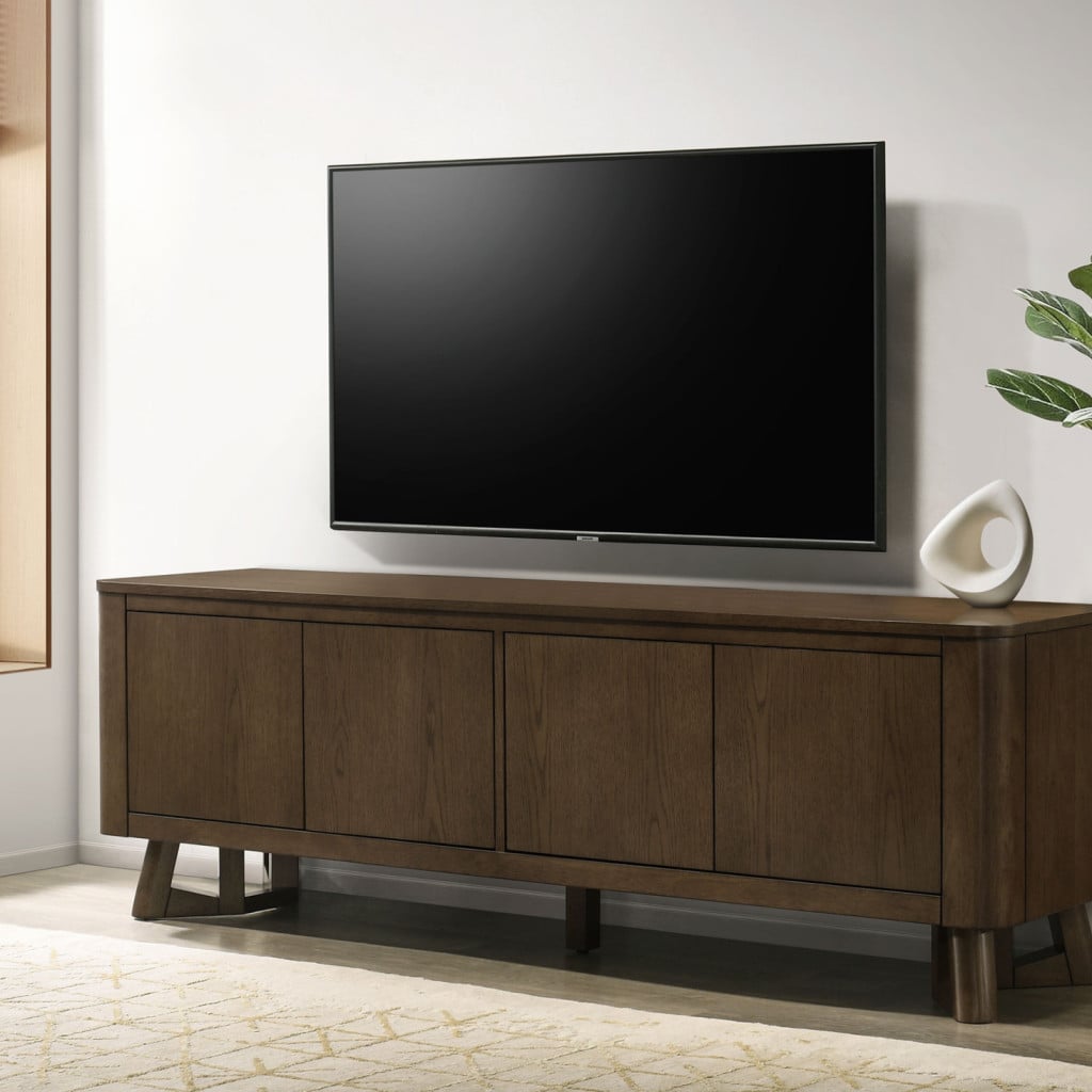 Trotter 71-inch TV stand in brown wood, straight front view
