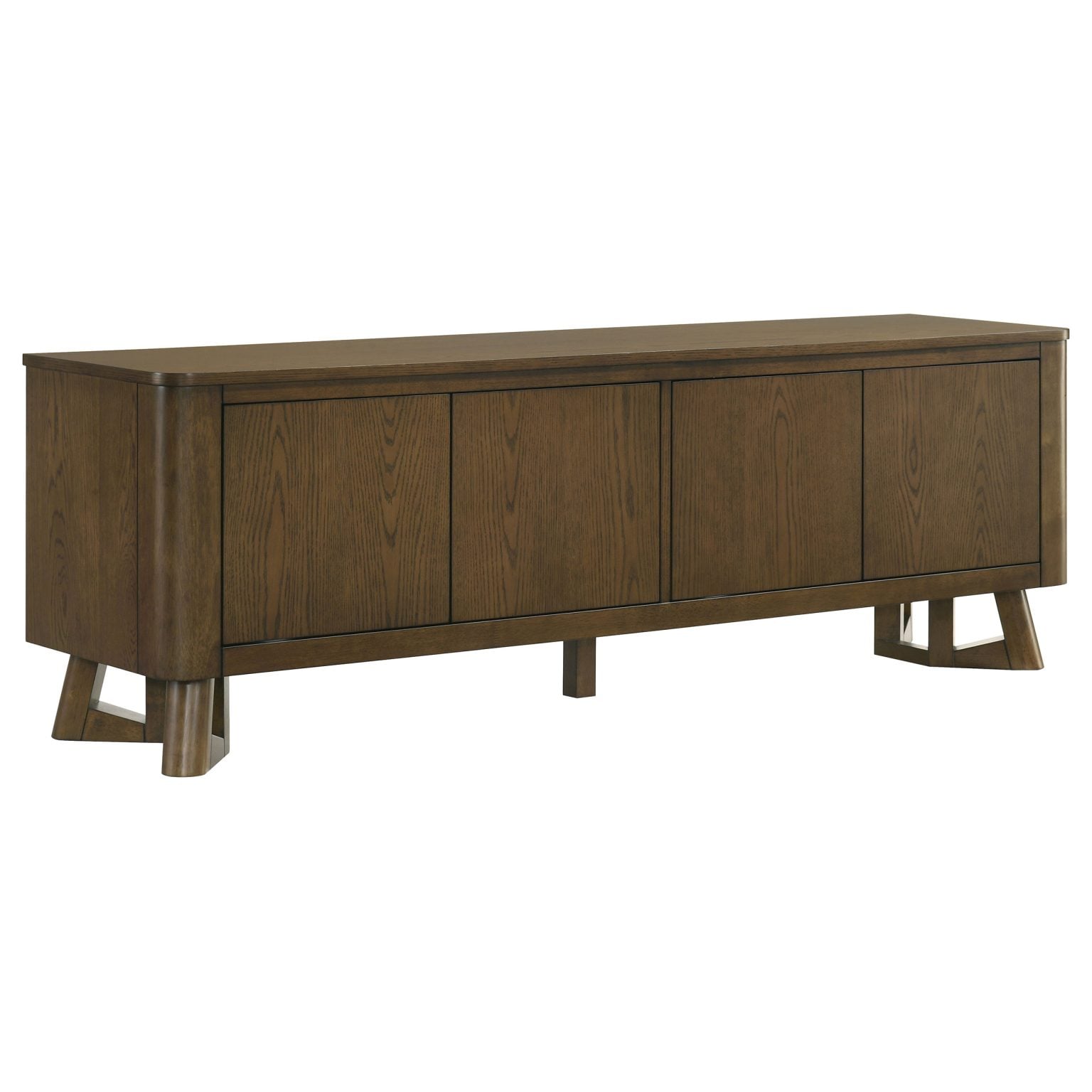 Trotter 71-inch TV stand in brown wood, three-quarter angle view