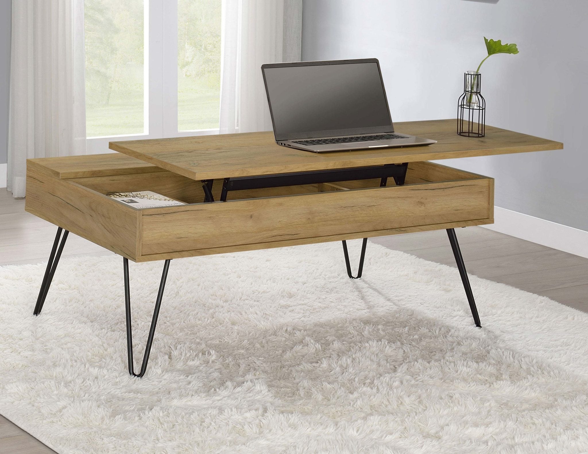 Fanning lift-top coffee table in golden oak engineered wood, closed top front view