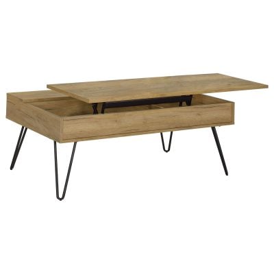 Fanning lift-top coffee table in golden oak engineered wood, lift top raised to 23.5 inches