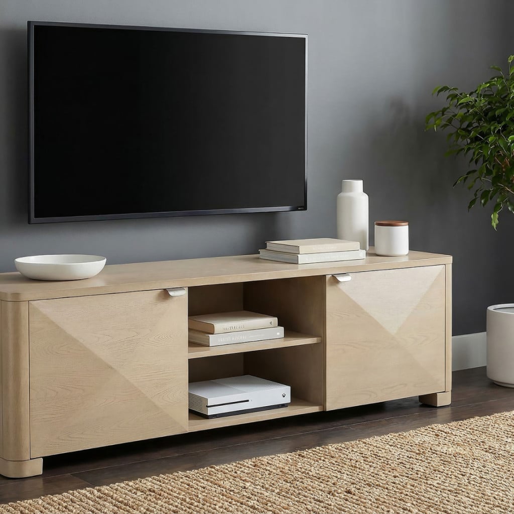 Marcelo 71-inch TV stand in light elm wood, straight front view