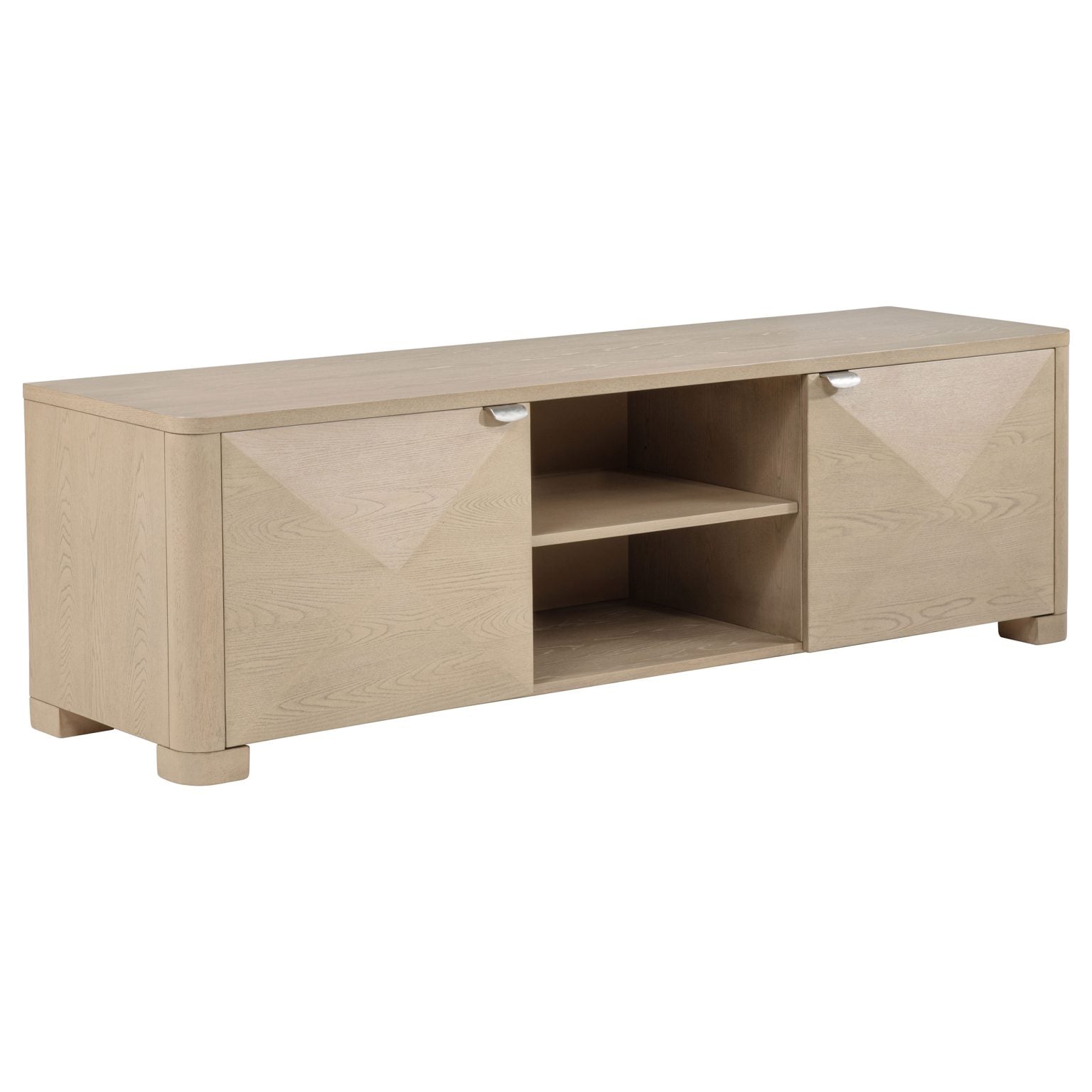 Marcelo 71-inch TV stand in light elm wood, three-quarter angle view