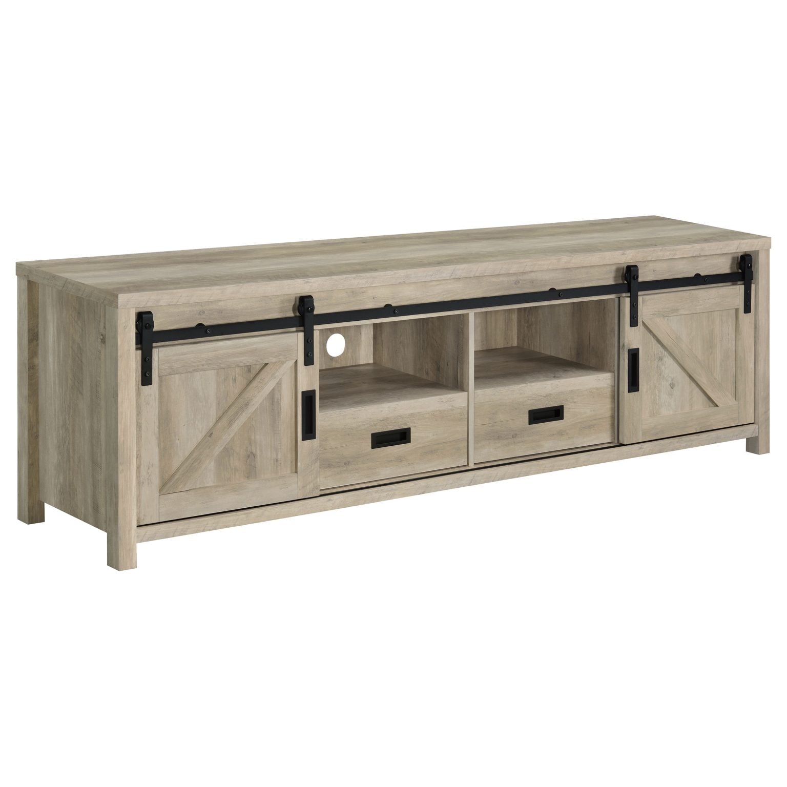 Madra sliding barn door TV stand in distressed pine wood, three-quarter view