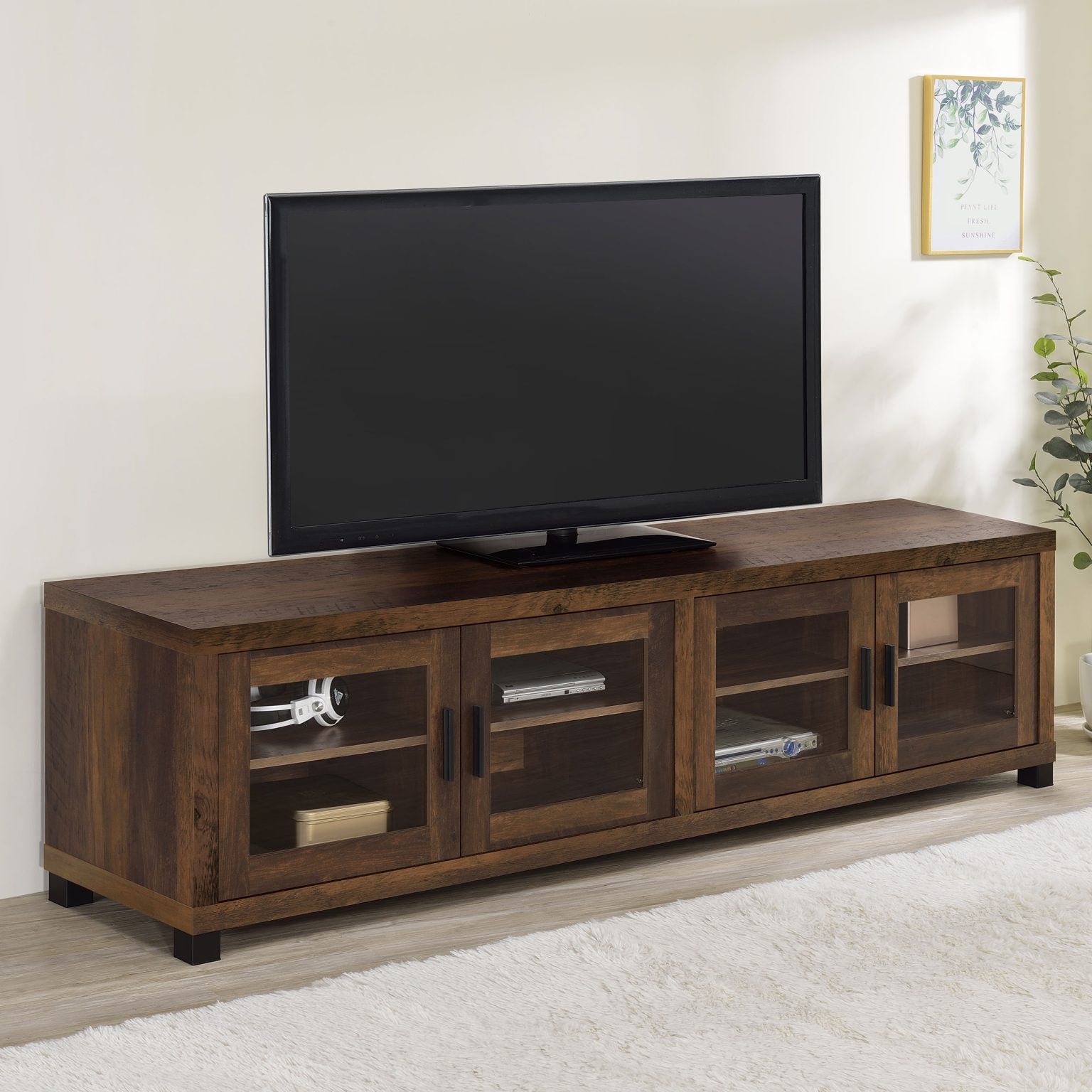 Sachin 4-door TV stand in dark pine wood, straight front view