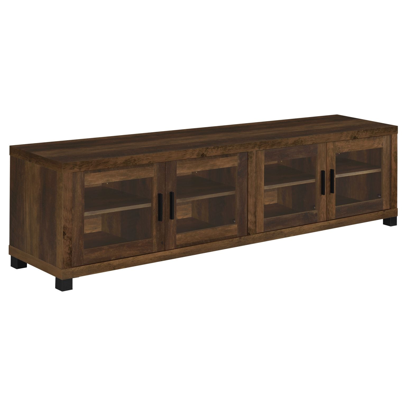 Sachin 4-door TV stand in dark pine wood, three-quarter angle view
