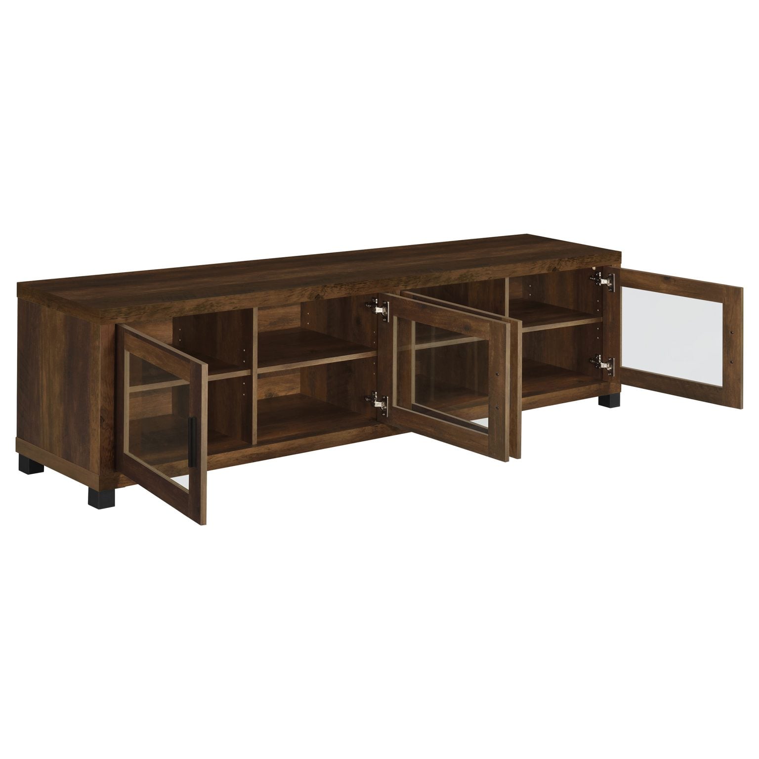 Sachin 4-door TV stand in dark pine wood, tempered-glass door panel close-up