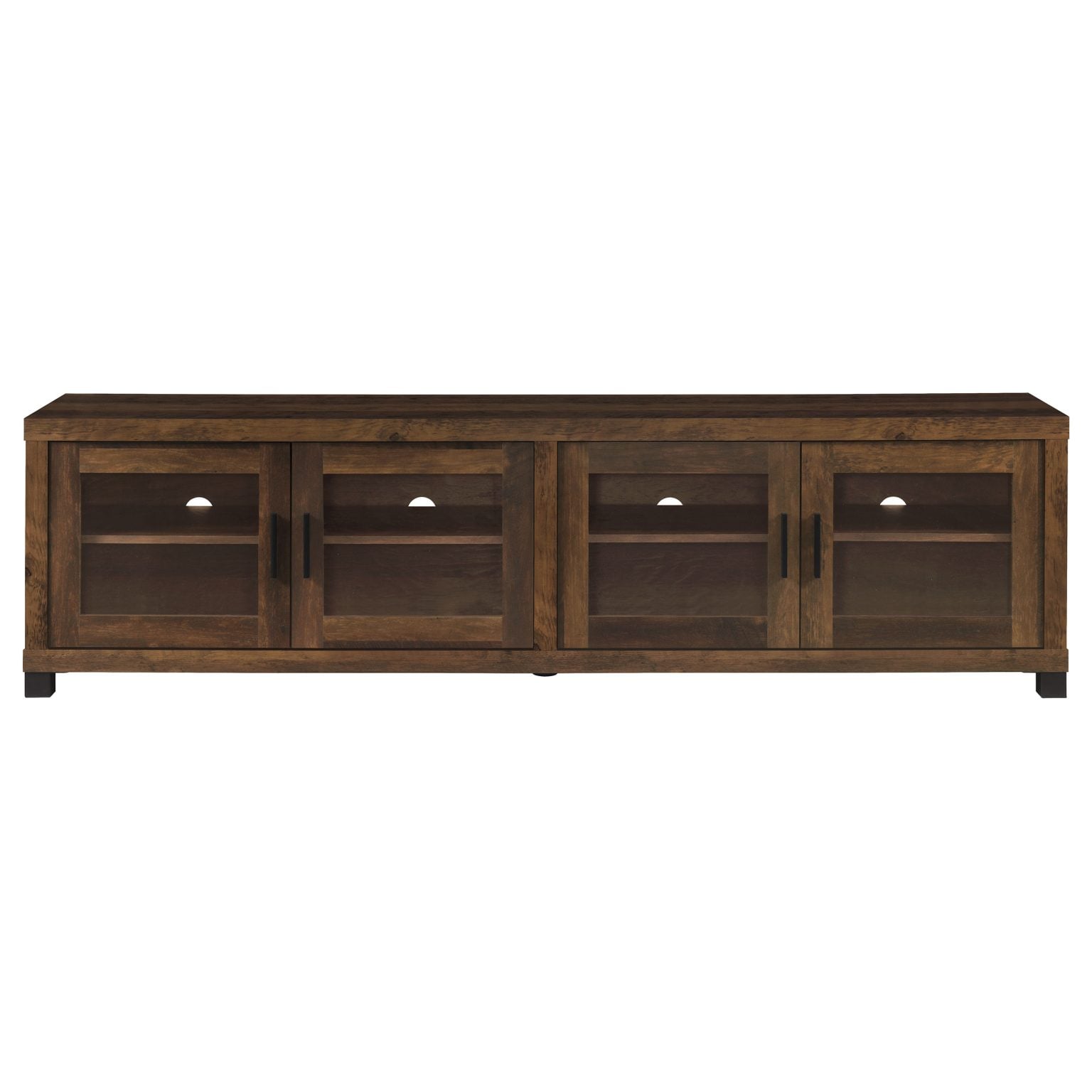 Sachin 4-door TV stand in dark pine wood, open door revealing storage compartments