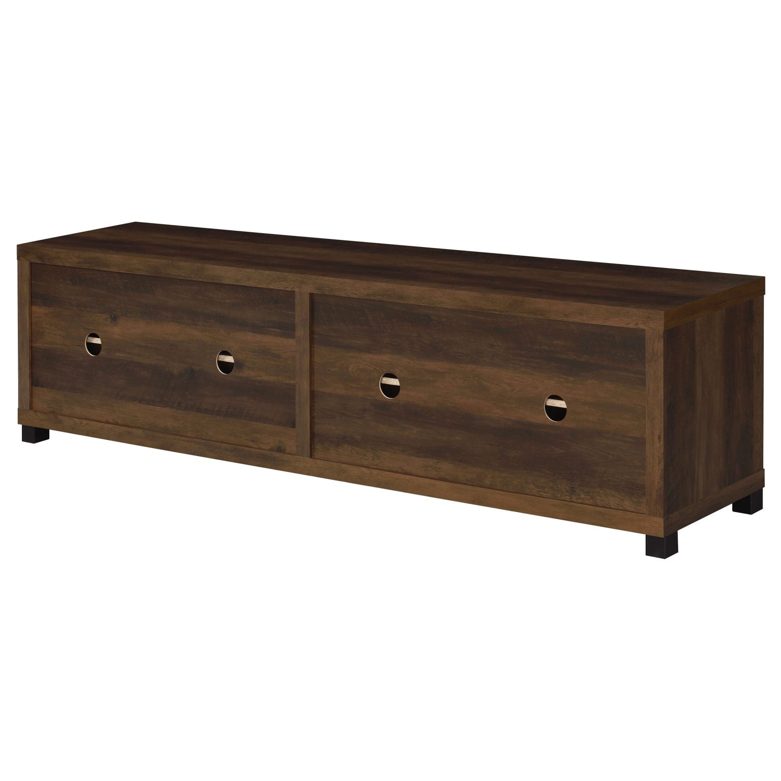 Sachin 4-door TV stand in dark pine wood, cord-extension holes at the back