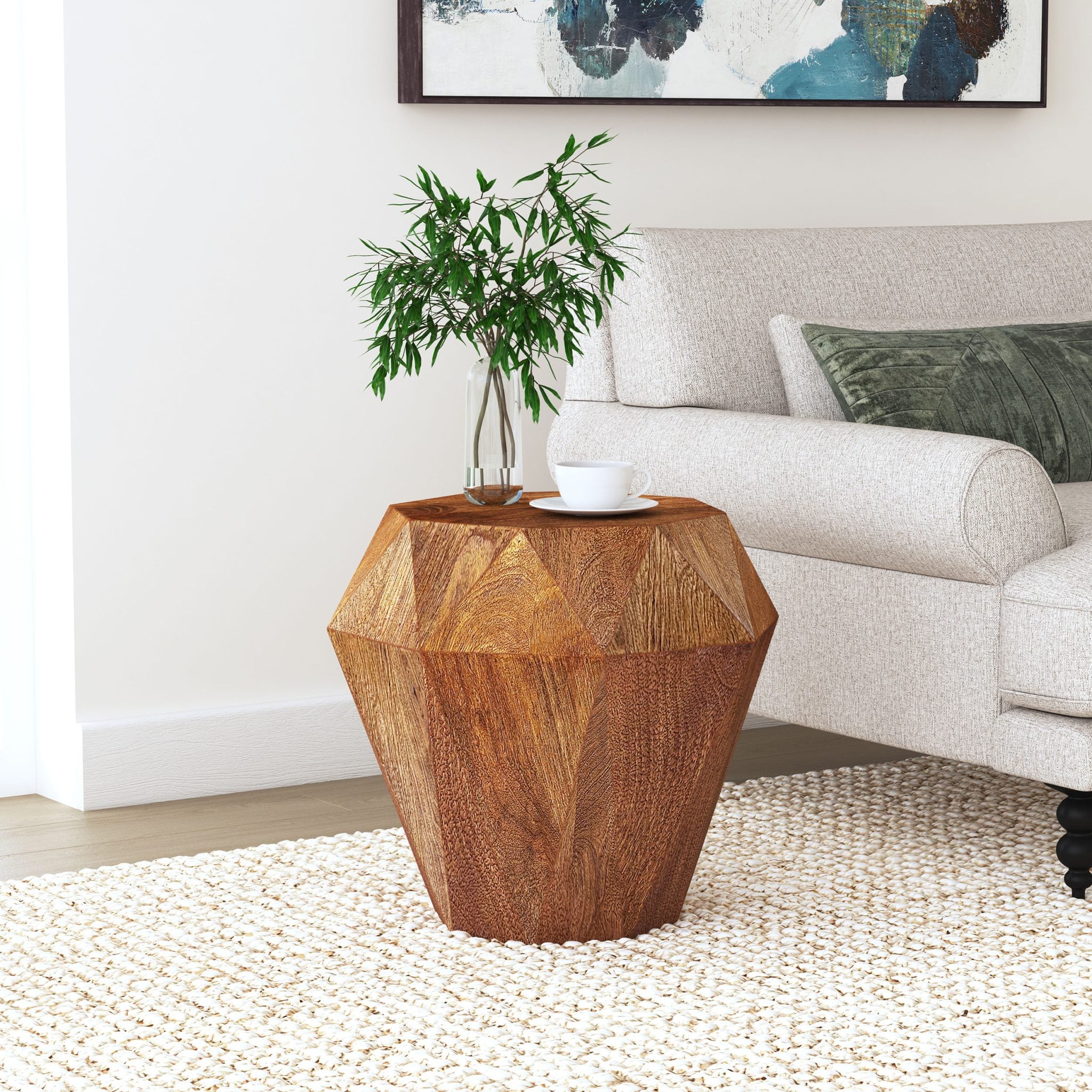 Jacinto octagonal side table in natural brown solid mango wood, straight front view