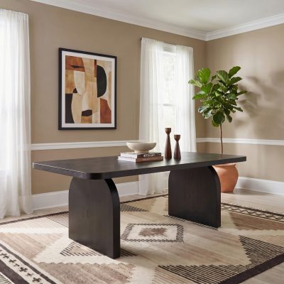 High resolution front angle of black wood dining table