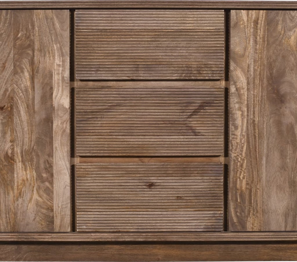 Angled side perspective of modern dining room sideboard