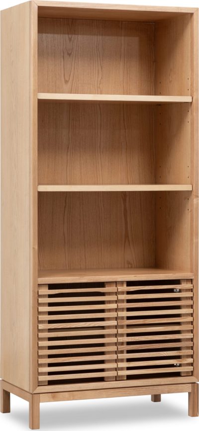 Detail view of shelf construction on Japandi bookcase