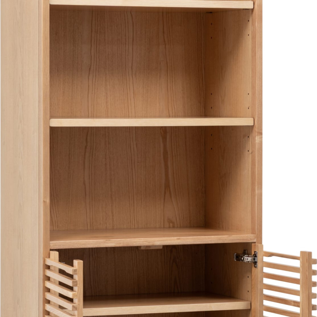 Mid-level display shelf on natural wood bookcase