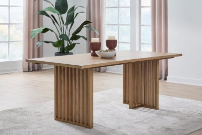 High resolution front angle of Japandi light wood dining table
