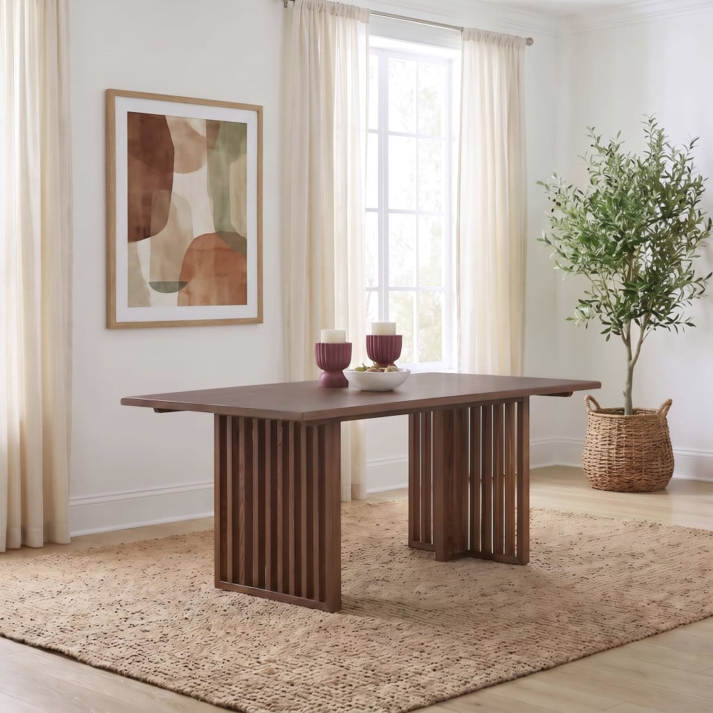 High resolution front angle of Japandi wood dining table