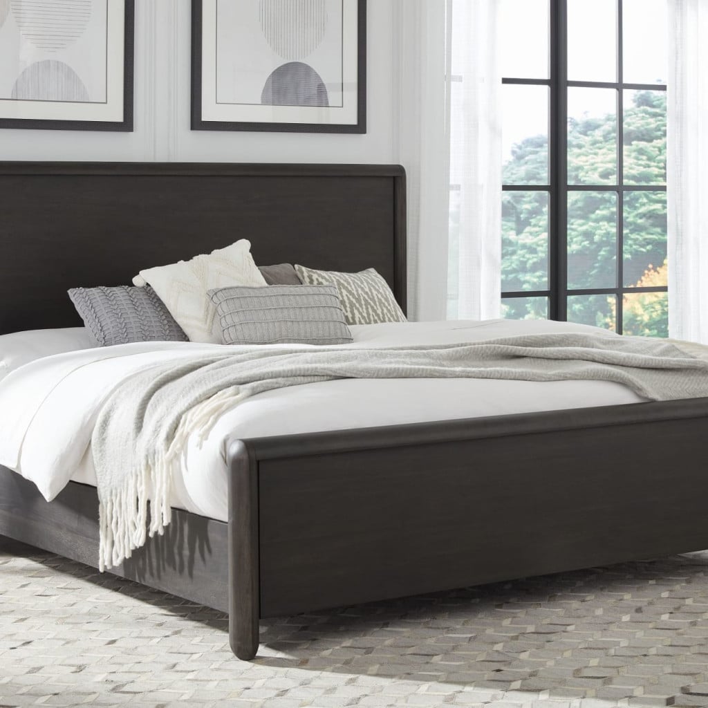 Front view of Xolani solid acacia wood platform bed in Jaguar