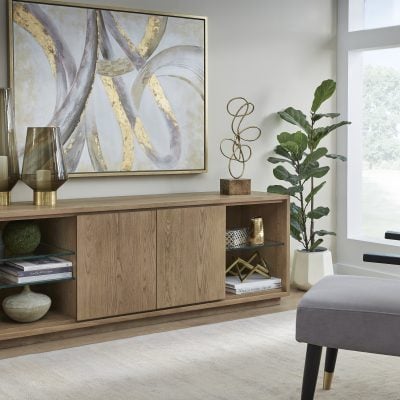Front view of One Coastal Modern 74-inch TV console in bisque