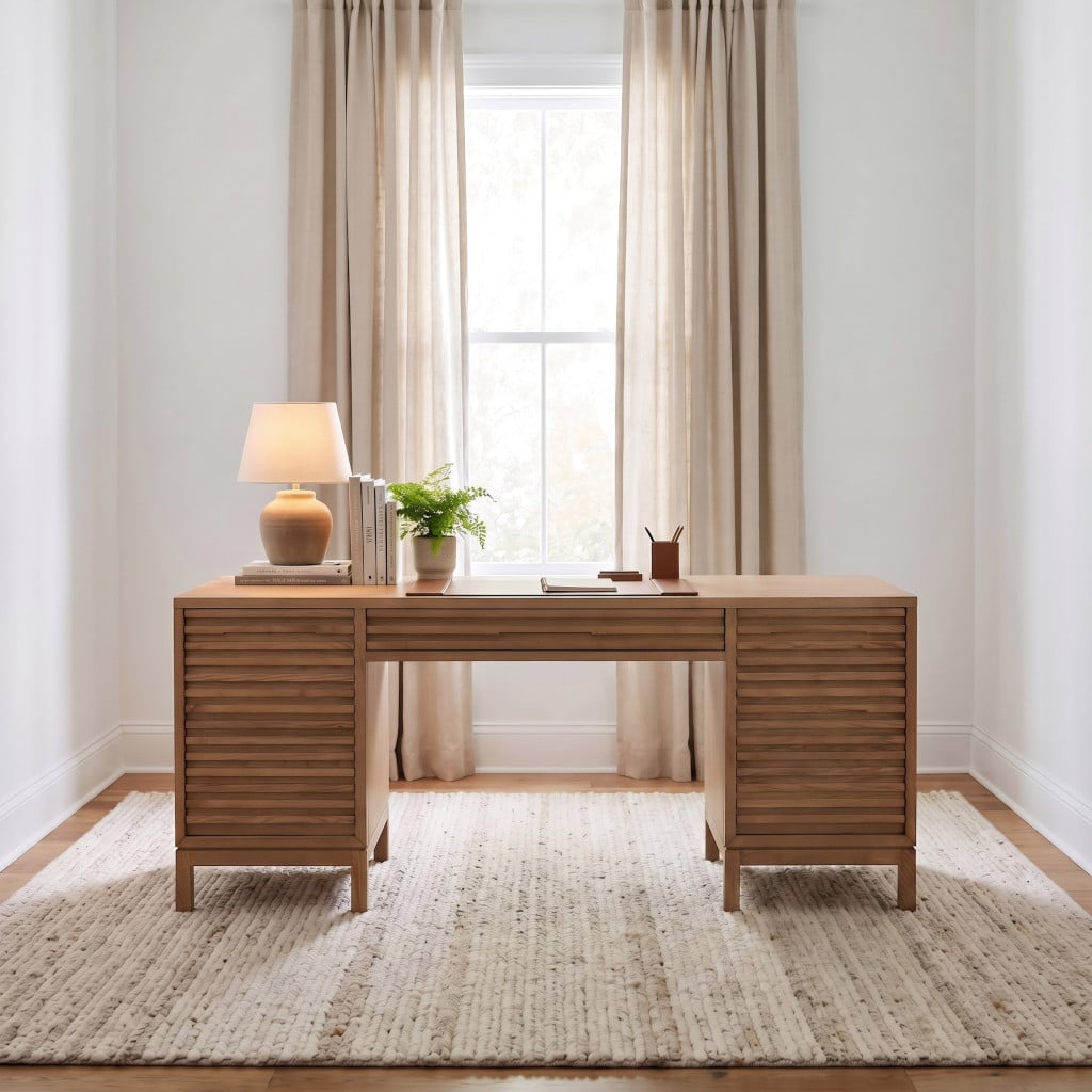 Front perspective of Tanner 72-inch executive desk in Flaxen wood