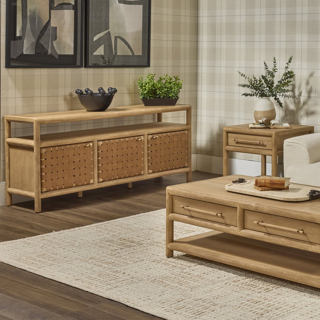 Front view of Dorsey 72-inch woven TV stand in light granola wood