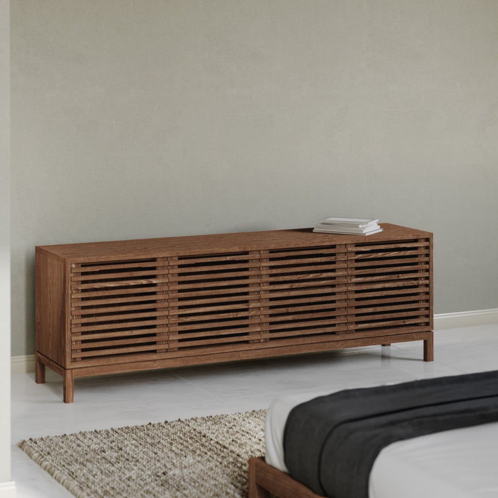 Front view of Tanner 78-inch four-door TV stand in Roux brown wood