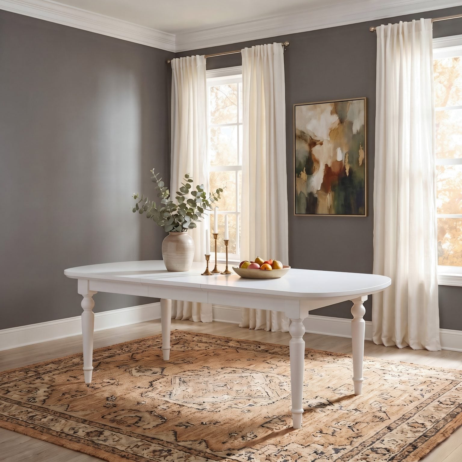 Front view of Grace 84-inch oval dining table in Snowfall white wood