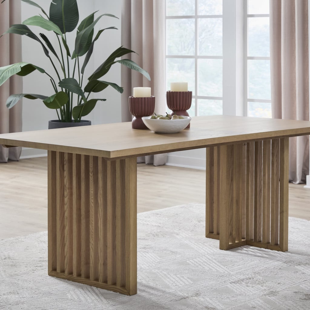 Front view of Tanner 78-inch rectangular dining table in Flaxen wood