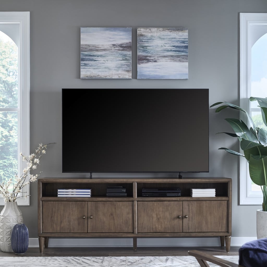 Front view of Langley 84-inch TV stand in Autumn Forest brown wood