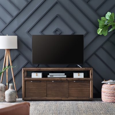 Front view of Sol 64-inch TV stand in Brown Spice wood
