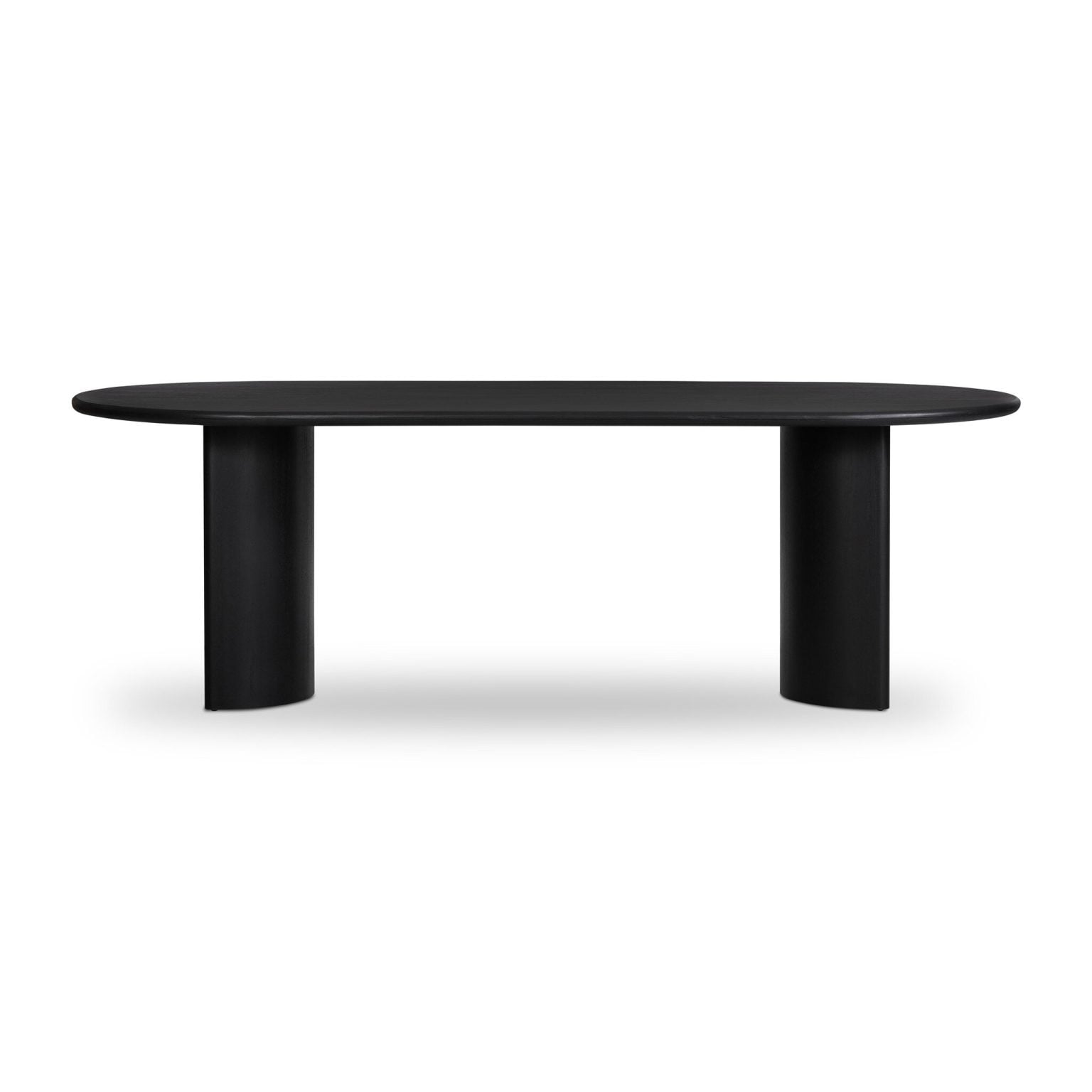 Front view of the Paden 94-inch oval dining table in aged black acacia | Three-quarter view showing the crescent-shaped solid legs | Side profile of the Paden table highlighting the sculptural base | Close-up of the aged black acacia grain detail | Detail of the crescent leg joinery on the Paden | Close-up of the oval tabletop edge in black acacia | Detail view of the dramatic grain pattern in the tabletop