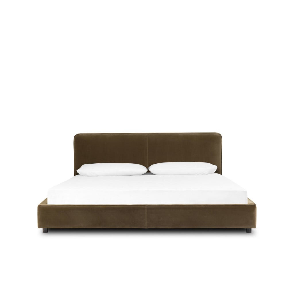Front view of the Aidan low-profile king bed in Surrey Olive performance fabric | Three-quarter view of the Aidan bed showing the 35.25-inch low stance | Side profile of the Aidan king bed highlighting the minimal Italian lines | Close-up of the Surrey Olive velvety fabric on the Aidan bed | Rear view of the Aidan low-profile king bed | Detail of the Aidan's clean frame edge and upholstery finish | Close-up of the Aidan's plush frame and fabric texture | Detail of the Aidan's solid parawood frame construction | Room scene with the Aidan low bed making a bedroom feel spacious