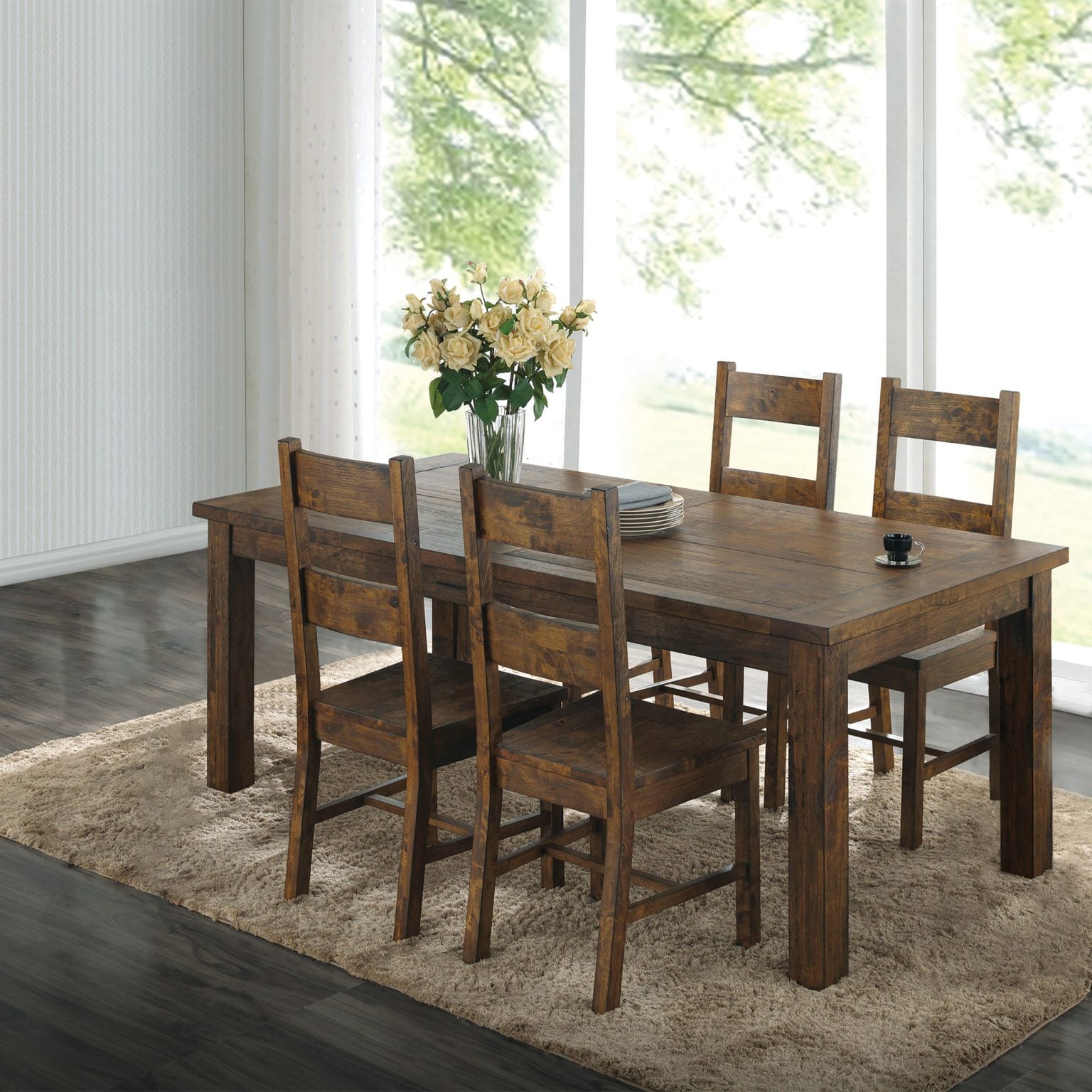 Coleman 5-piece dining set in rustic golden brown wood, front view of the full set