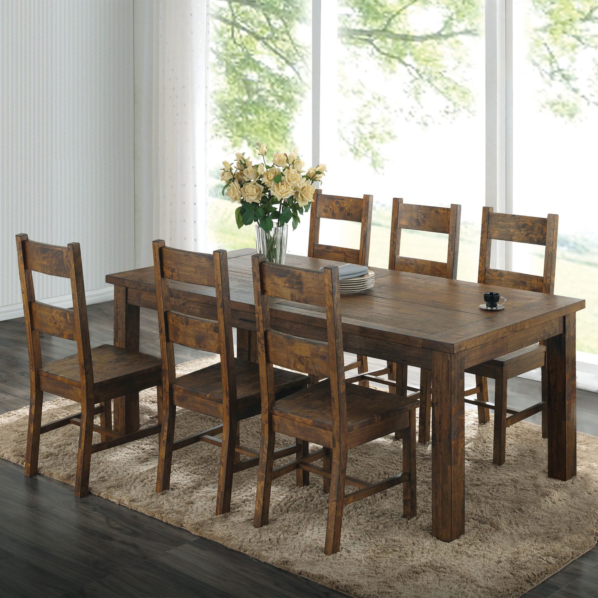 Coleman 7-piece dining set in rustic golden brown wood, full set front view