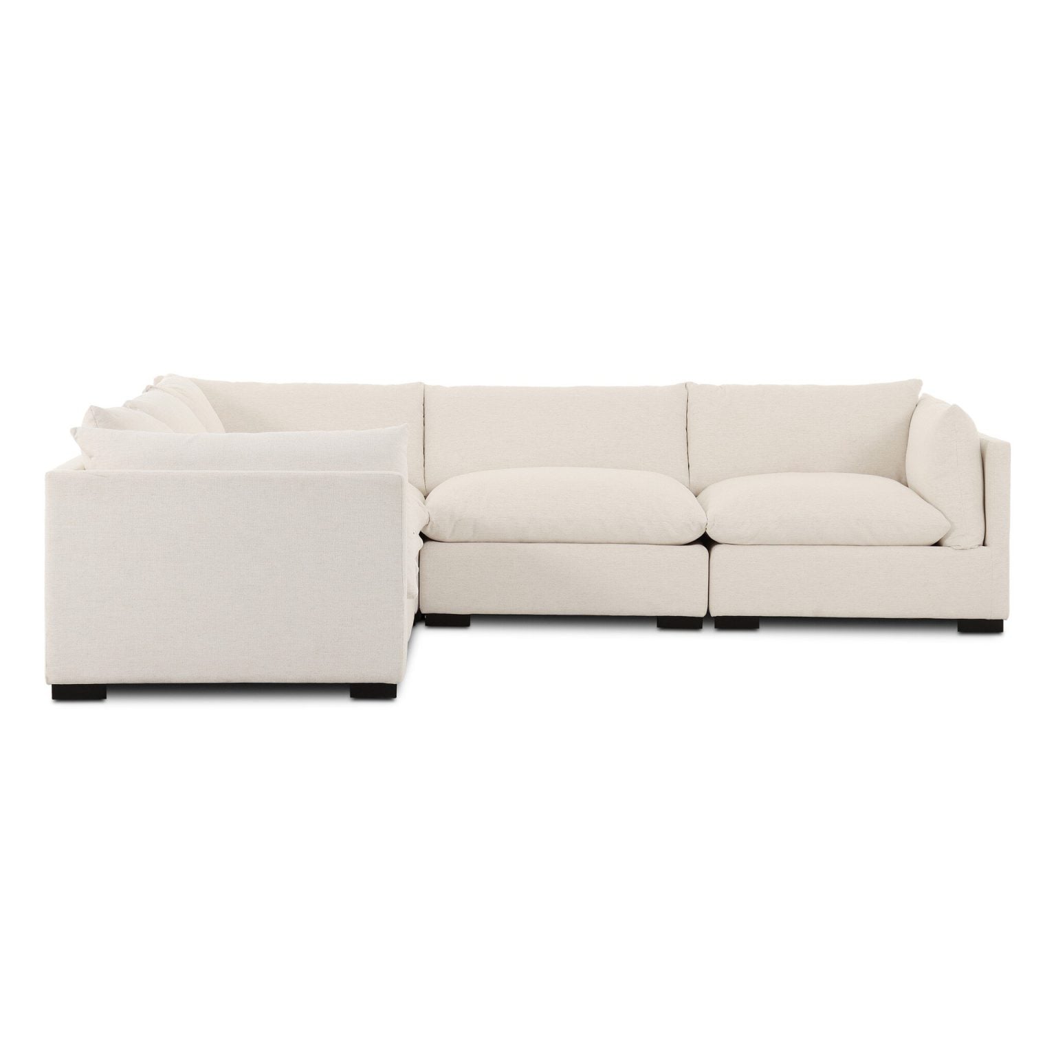 Modern white performance-fabric sectional - front view | Westwood 5-Piece Modular Sectional in Crypton Nomad Snow - three-quarter angle view | Westwood 5-Piece Modular Sectional in Crypton Nomad Snow - side profile view | Westwood 5-Piece Modular Sectional in Crypton Nomad Snow - rear view | Westwood 5-Piece Modular Sectional in Crypton Nomad Snow - alligator clip connection detail | Westwood 5-Piece Modular Sectional in Crypton Nomad Snow - seat cushion close-up | Westwood 5-Piece Modular Sectional in Crypton Nomad Snow - fabric weave close-up | Westwood 5-Piece Modular Sectional in Crypton Nomad Snow - chaise layout view | Westwood 5-Piece Modular Sectional in Crypton Nomad Snow - ottoman arrangement view
