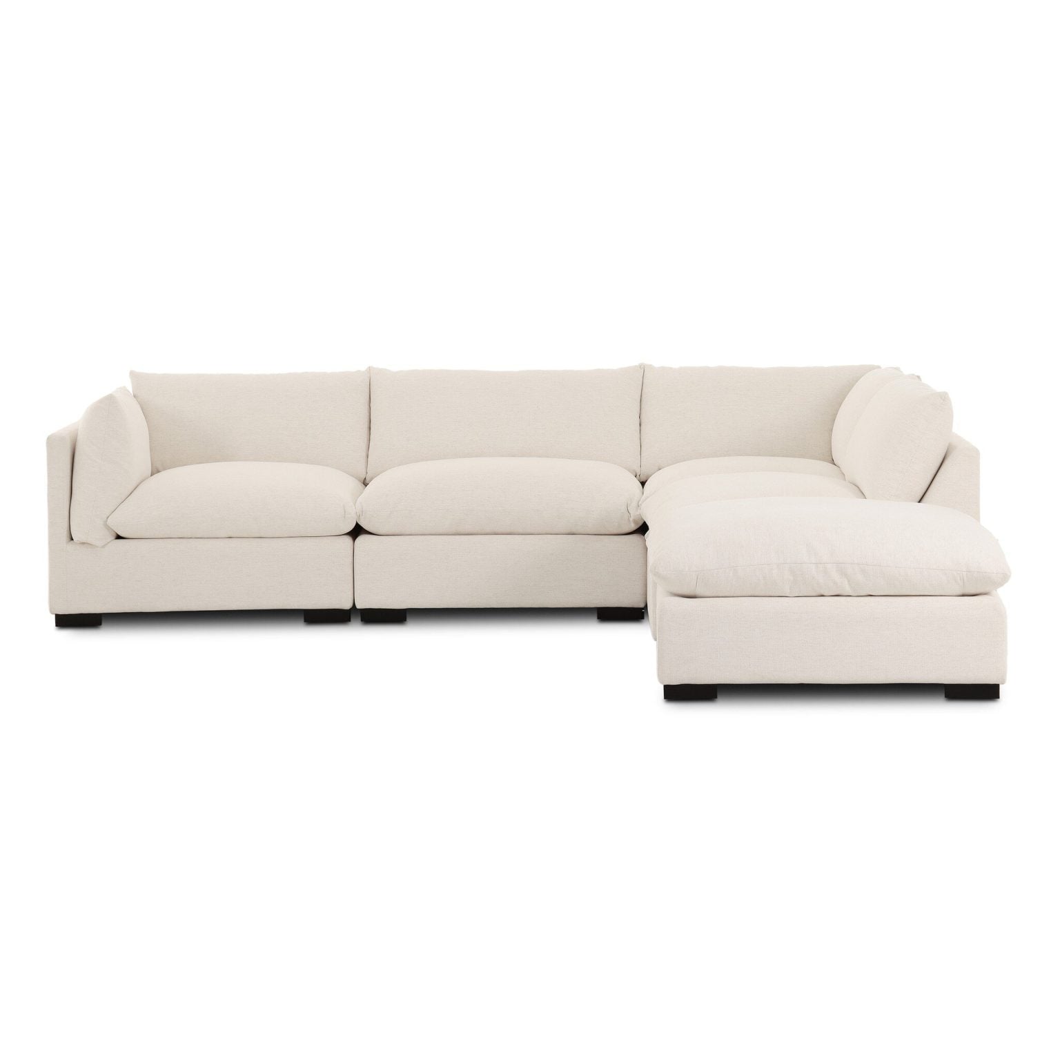 Modern white performance-fabric sectional with ottoman - front view | Westwood 4-Piece Sectional with Ottoman in Crypton Nomad Snow - three-quarter angle view | Westwood 4-Piece Sectional with Ottoman in Crypton Nomad Snow - side profile view | Westwood 4-Piece Sectional with Ottoman in Crypton Nomad Snow - rear view | Westwood 4-Piece Sectional with Ottoman in Crypton Nomad Snow - ottoman detail view | Westwood 4-Piece Sectional with Ottoman in Crypton Nomad Snow - feather cushion close-up | Westwood 4-Piece Sectional with Ottoman in Crypton Nomad Snow - Crypton fabric close-up | Westwood 4-Piece Sectional with Ottoman in Crypton Nomad Snow - daybed layout view | Westwood 4-Piece Sectional with Ottoman in Crypton Nomad Snow - L-shape configuration view
