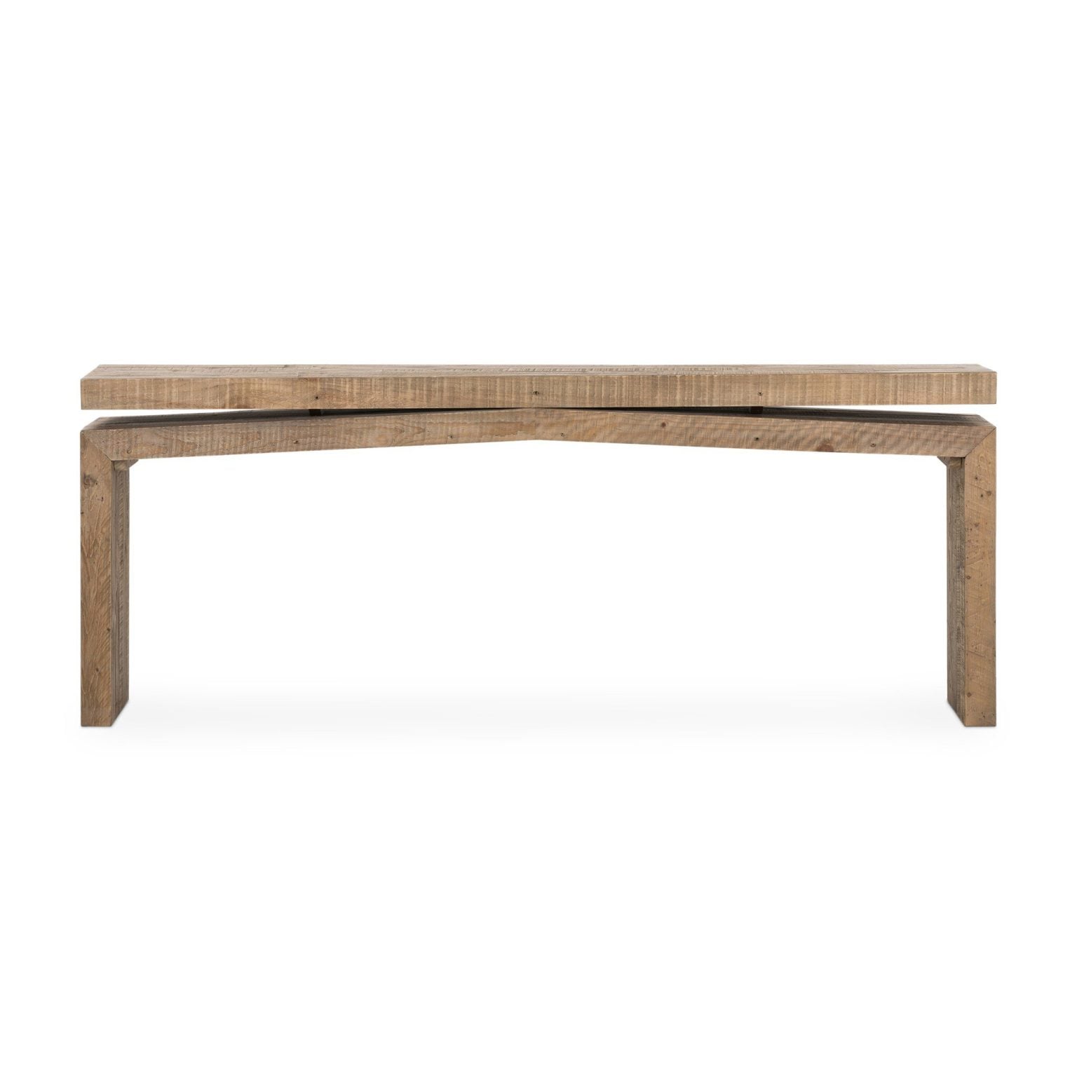 Front view of the Matthes 79-inch console table in reclaimed pine | Three-quarter view showing the cantilevered top design | Side profile highlighting the angled base | Room scene with the Matthes console in an entryway | Close-up of the reclaimed pine grain and knots | Detail of the cantilevered top construction | Close-up of the Sierra Rustic Natural finish | Detail of the angled base craftsmanship | Close-up of the reclaimed wood character marks