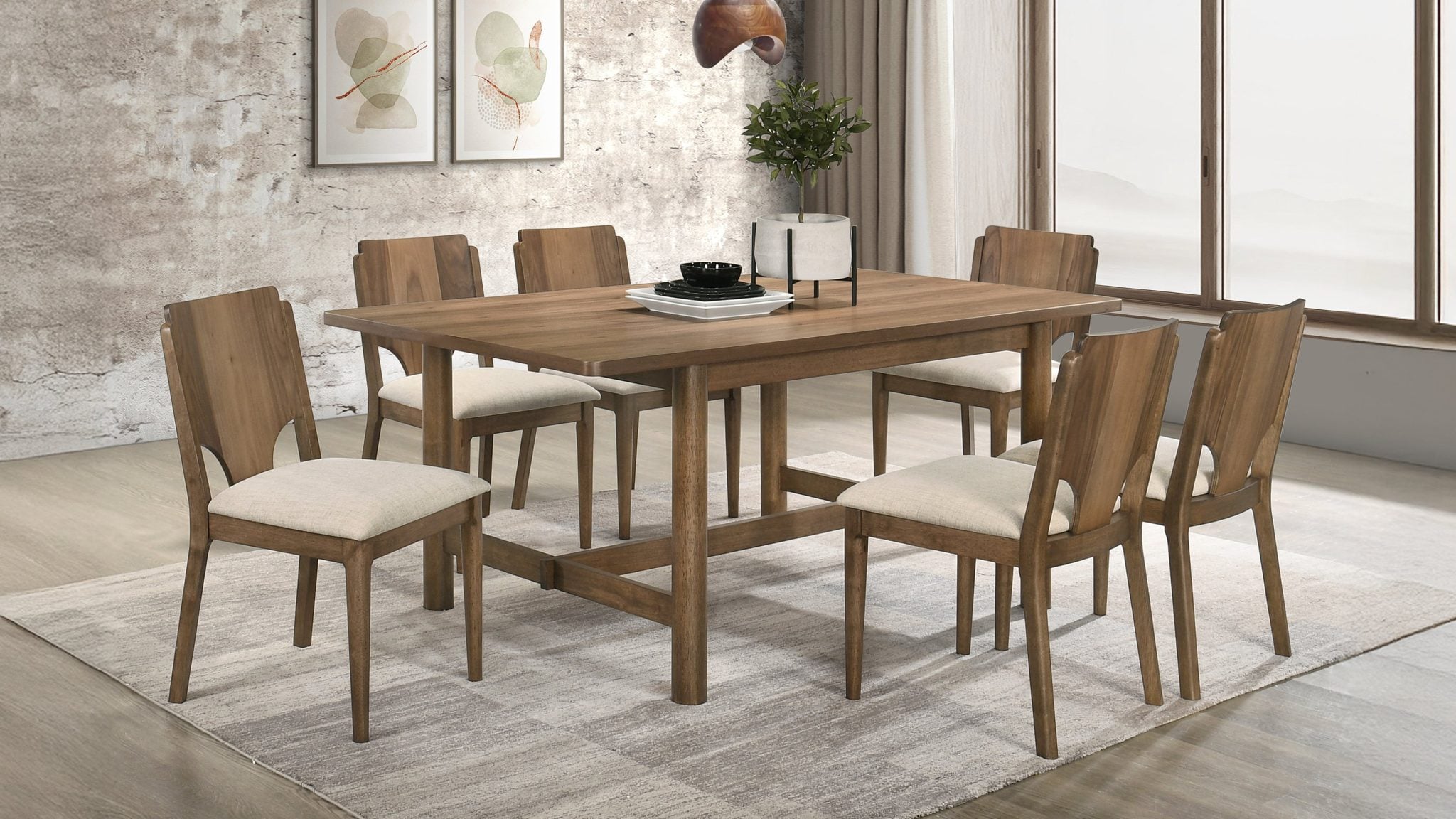 Crestmore 7-piece dining set in walnut wood, full set front view