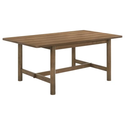 Crestmore 7-piece dining set in walnut wood, trestle base detail