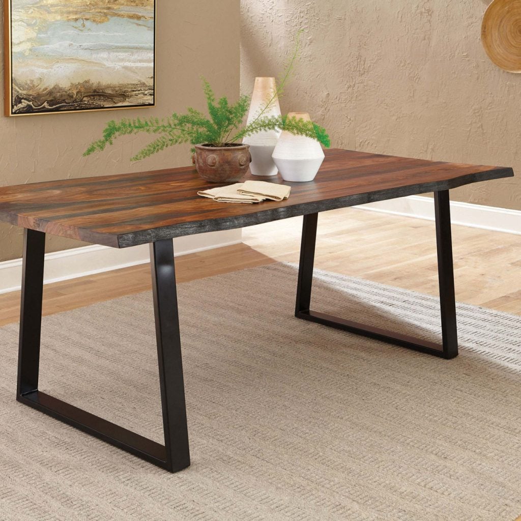 Front view of the Ditman 80-inch dining table with live edge sheesham top | Three-quarter view showing the natural live edge detail | Side profile with black metal sled legs | Close-up of the grey sheesham grain | Detail of the live edge profile | Top-down view of the 80-inch solid top | Close-up of the live edge texture | Detail of the black sled leg design | Room scene with the Ditman table in a farmhouse dining room