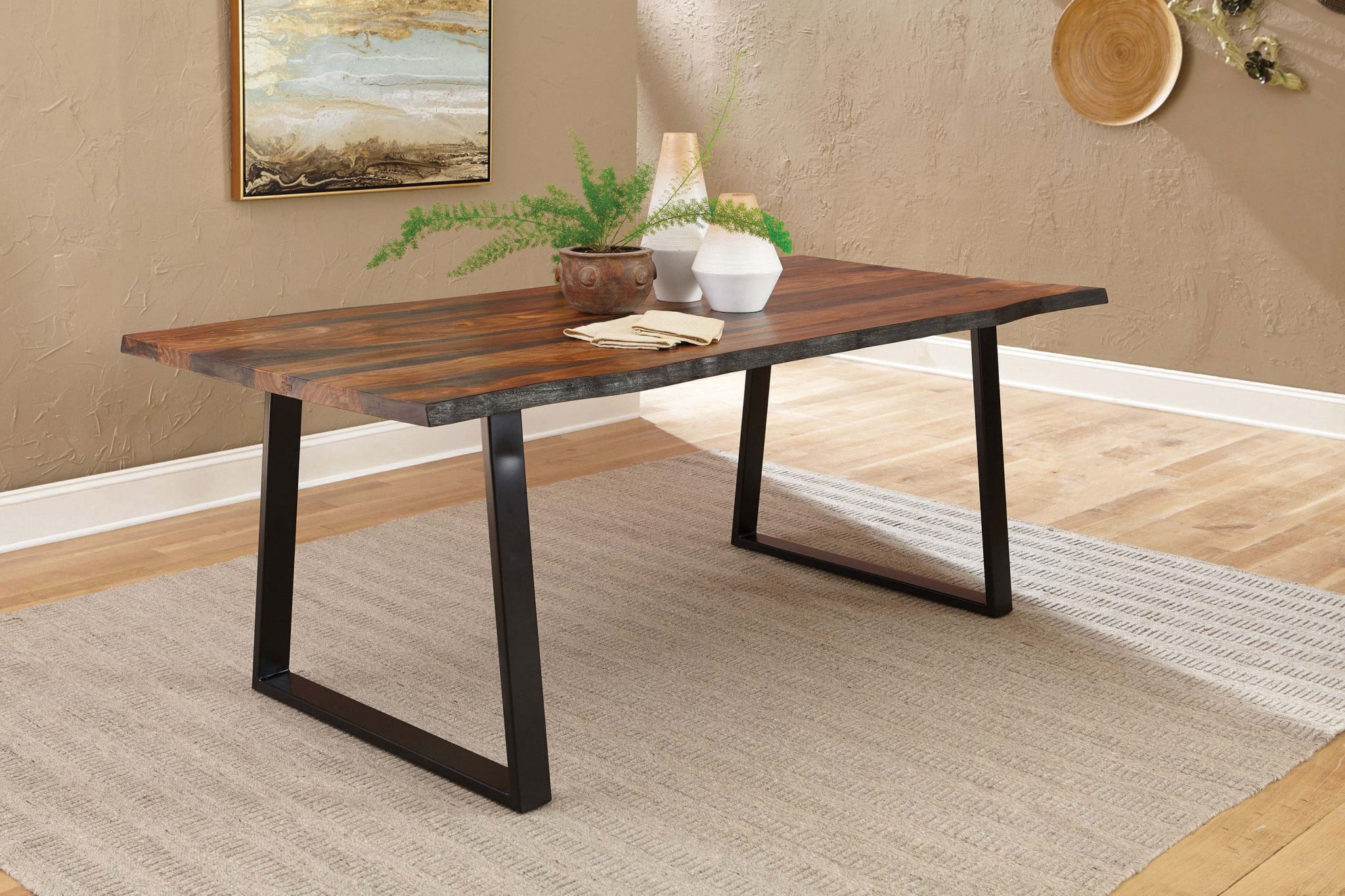 Front view of the Ditman 80-inch dining table with live edge sheesham top | Three-quarter view showing the natural live edge detail | Side profile with black metal sled legs | Close-up of the grey sheesham grain | Detail of the live edge profile | Top-down view of the 80-inch solid top | Close-up of the live edge texture | Detail of the black sled leg design | Room scene with the Ditman table in a farmhouse dining room