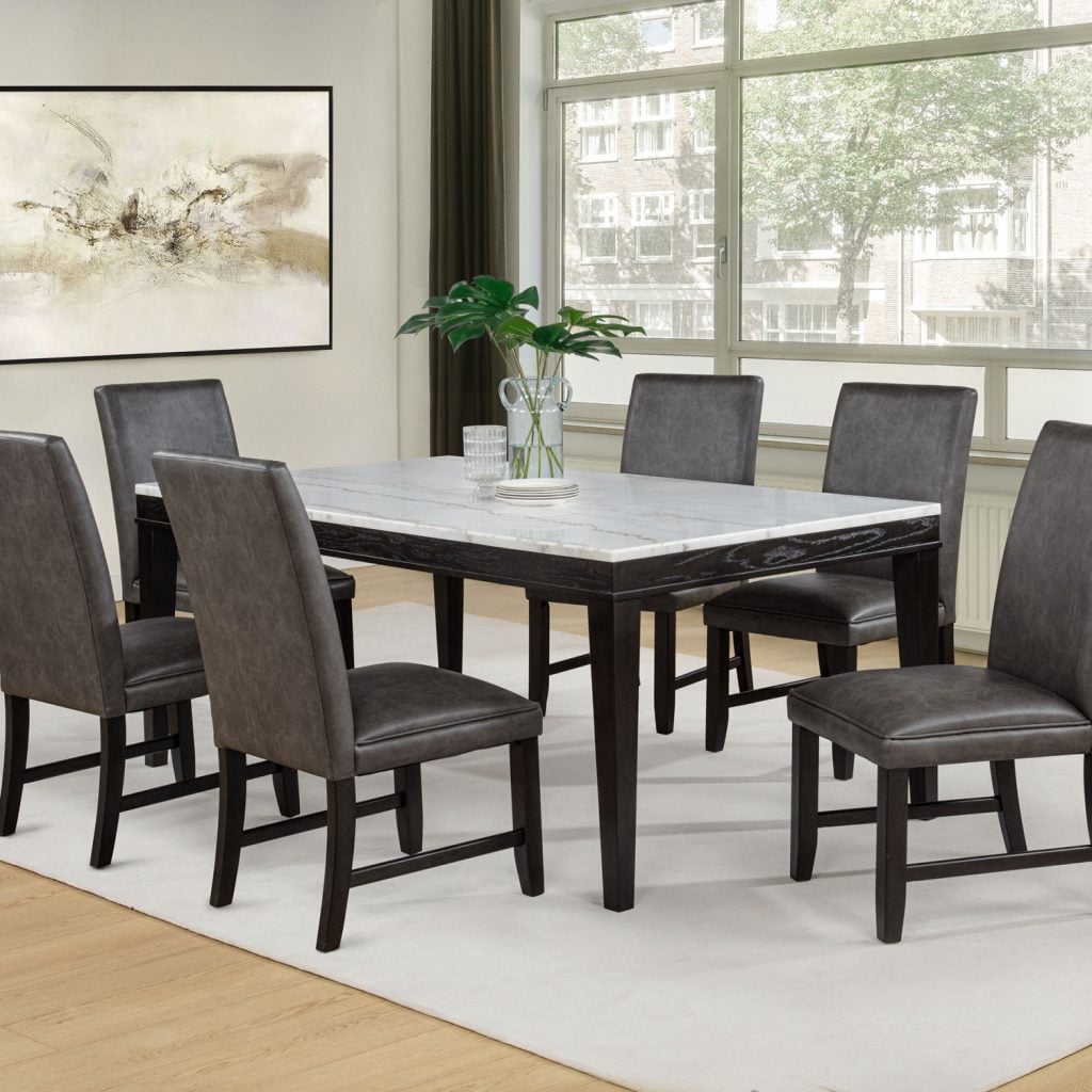 Averill 7-piece white marble top dining set in dark grey and coffee bean, front view | Averill dining set, three-quarter angle view | Averill 72-inch white marble dining table, table only view | Averill dining set dark grey upholstered side chairs, chair detail | Averill set white marble tabletop veining, close-up | Averill dining chair tall backrest in dark grey faux leather, close-up | Averill set coffee bean tapered table legs, detail view | Averill 7-piece dining set, side angle view | Averill marble dining table, top-down view with chairs | Averill dining chair padded seat and back profile | Averill set table edge and apron detail, close-up | Averill dark grey chair upholstery texture, close-up | Averill 7-piece set styled in a transitional dining room | Averill dining table with six chairs, wide room view | Averill chair leg and seat joinery detail | Averill white marble top dining set, lifestyle scene