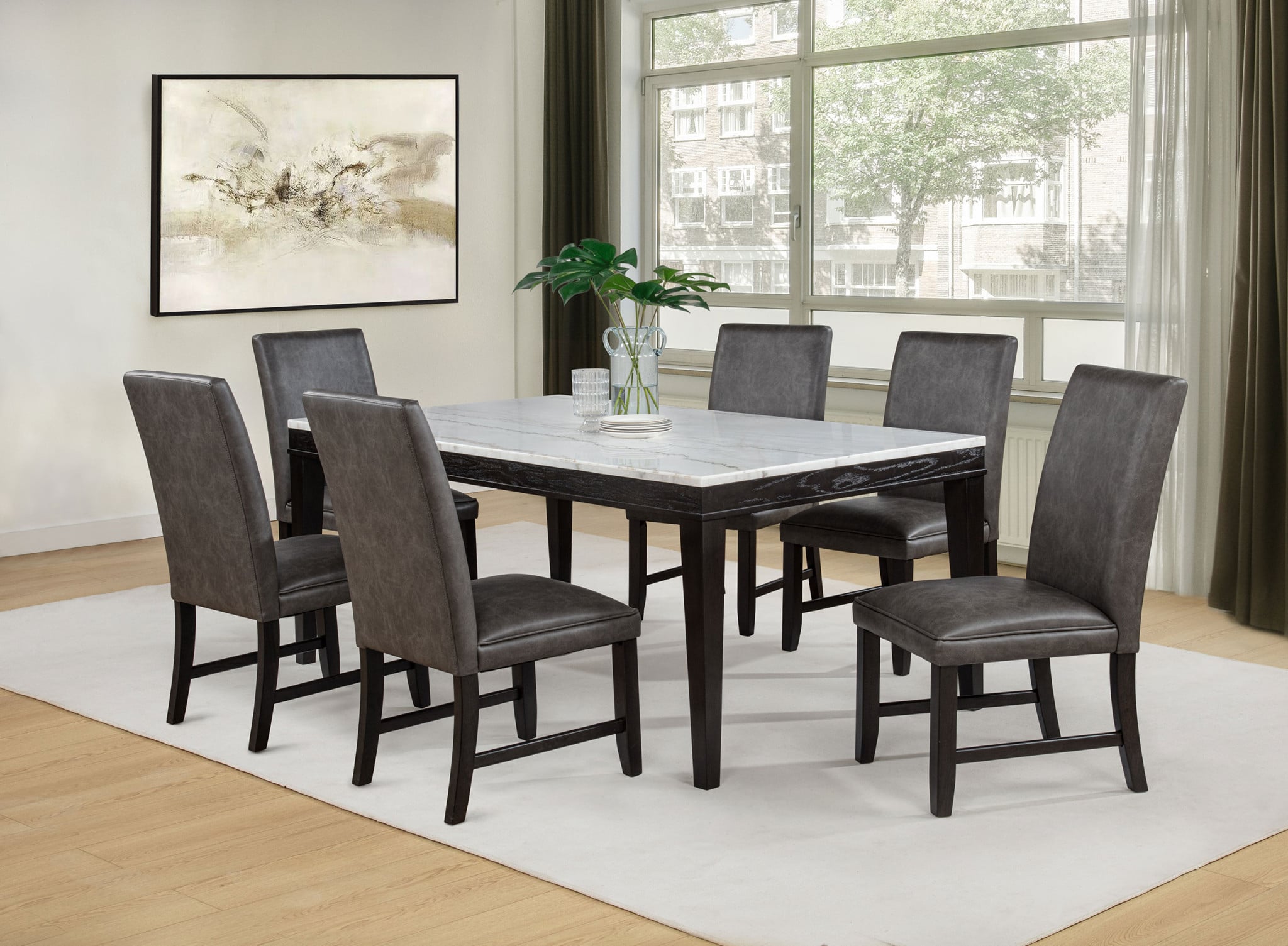 Averill 7-piece white marble top dining set in dark grey and coffee bean, front view | Averill dining set, three-quarter angle view | Averill 72-inch white marble dining table, table only view | Averill dining set dark grey upholstered side chairs, chair detail | Averill set white marble tabletop veining, close-up | Averill dining chair tall backrest in dark grey faux leather, close-up | Averill set coffee bean tapered table legs, detail view | Averill 7-piece dining set, side angle view | Averill marble dining table, top-down view with chairs | Averill dining chair padded seat and back profile | Averill set table edge and apron detail, close-up | Averill dark grey chair upholstery texture, close-up | Averill 7-piece set styled in a transitional dining room | Averill dining table with six chairs, wide room view | Averill chair leg and seat joinery detail | Averill white marble top dining set, lifestyle scene