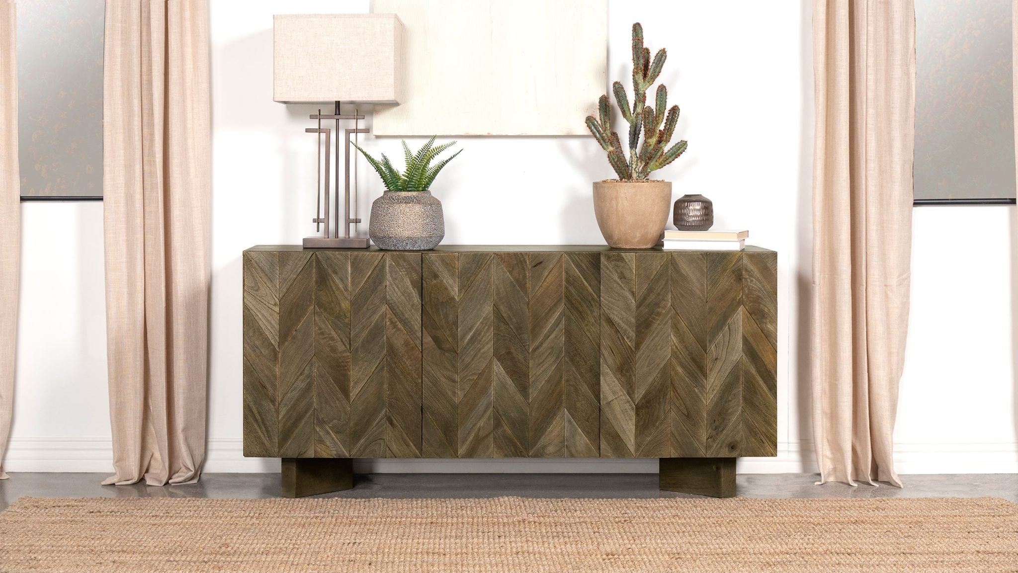 Tyler 3-door sideboard in mango brown solid mango wood, straight front view