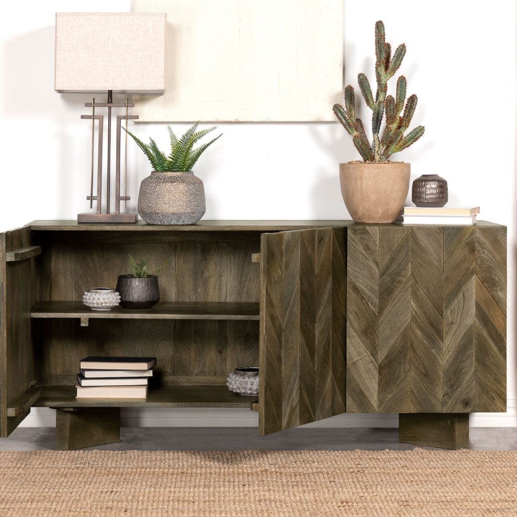 Tyler 3-door sideboard in mango brown solid mango wood, three-quarter angle view